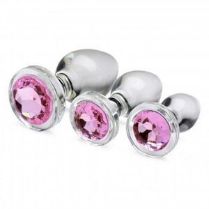 Lot de plugs anaux en verre avec pierre précieuse rose