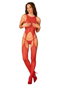 Mesh Bodystocking With Garter Design - Red