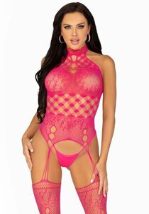 High Neck Garter Catsuit - Pink